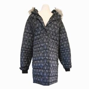Snowdonia Black Gray Patterned Long Puffer Insulated Coat Fur Hood Plus Size -24